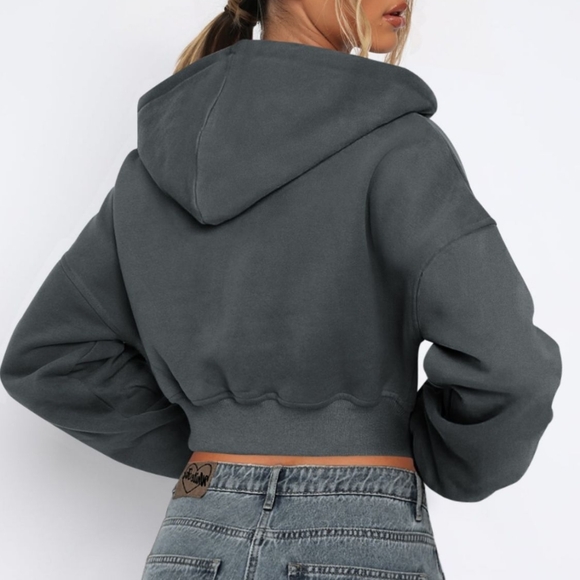Grey Cropped Hooded Zip-Up Jacket - Picture 3 of 4